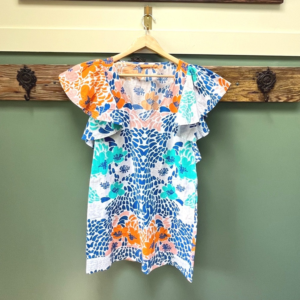 Oliphant Women Blue Orange‎ Floral Cotton Flutter Sleeve V-Neck Mini Dress Large